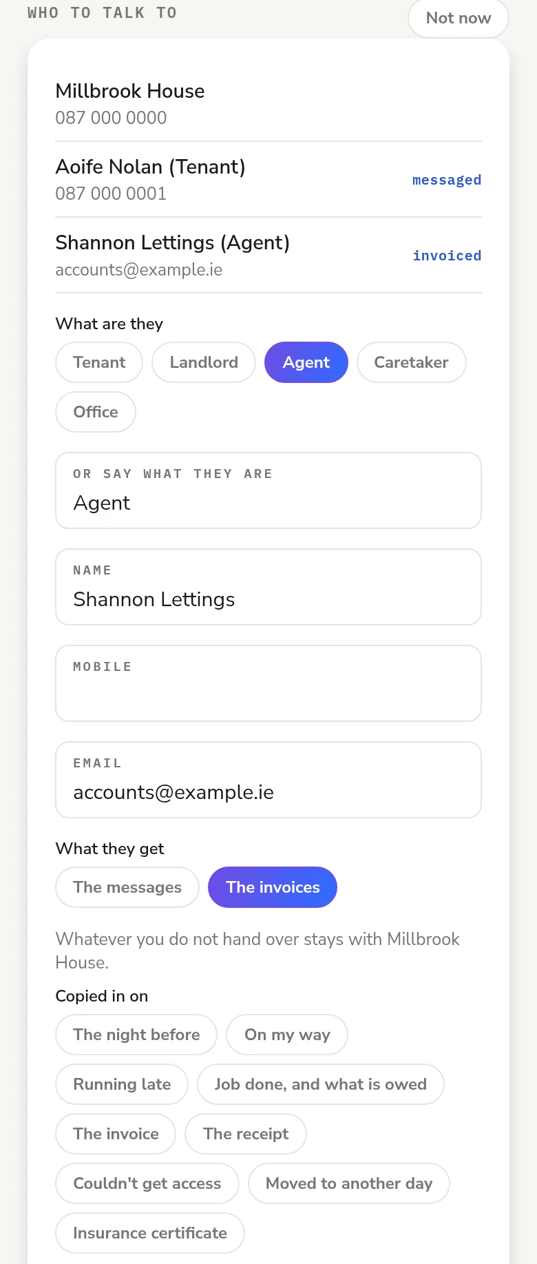 Who to talk to: the customer, Aoife Nolan the tenant who gets the messages, and Shannon Lettings the agent who gets the invoices, with ticks for which messages the agent is copied in on