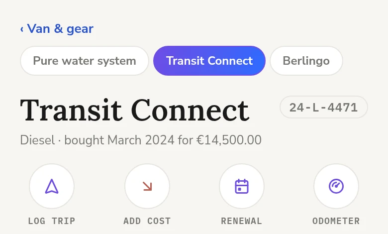 The Transit Connect page: Log trip, Add cost, Renewal and Odometer